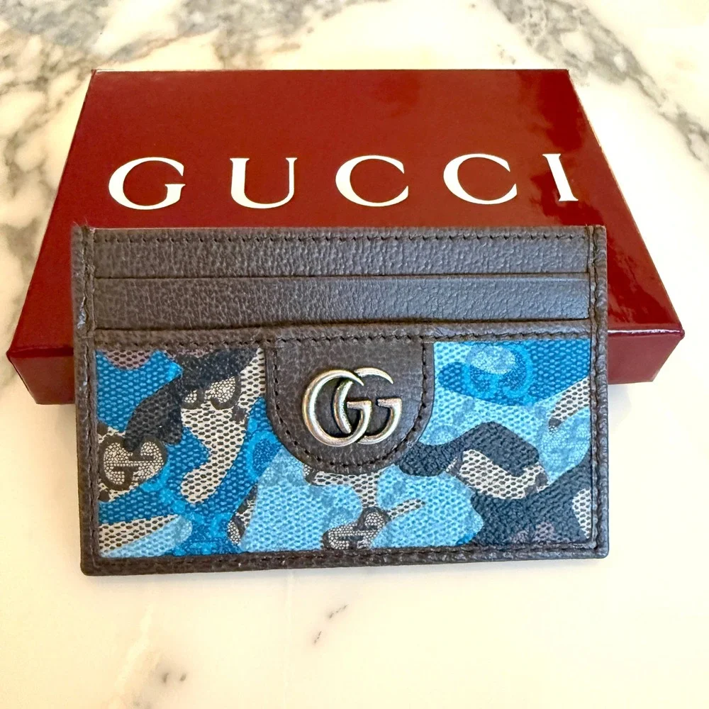 Gucci 834795 Brown Leather Blue Camo GG Supreme Canvas Card Holder Wallet